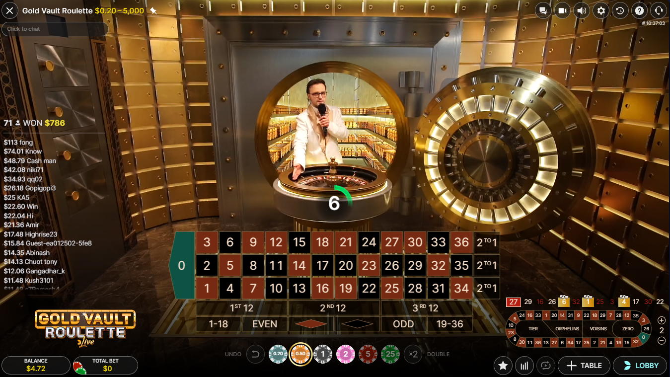 Gold Vault Roulette Live - Evolution, 실시간 타이머와 골드 금고가 표시된 베팅 단계 - 라이브 카지노 - Flush