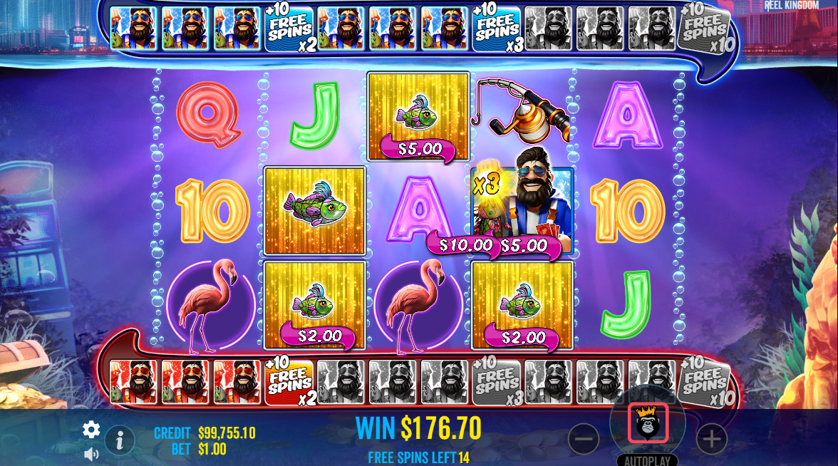 Pragmatic PlayのBig Bass Vegas Double Down Deluxeのフリースピンモードで一部が溜まった赤と青のWild Fishermanメーター - Flush