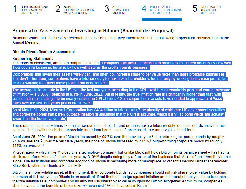 Screenshot of Microsoft's SEC filing outlining the proposal to be voted at the next meeting
