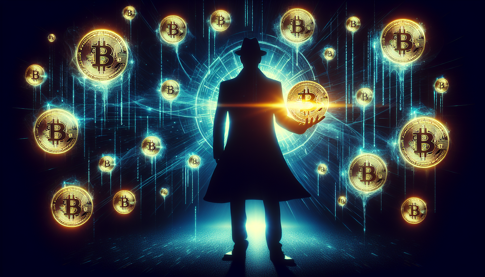 Mysterious silhouette surrounded by Bitcoin golden coins representing mr.100 - Flush