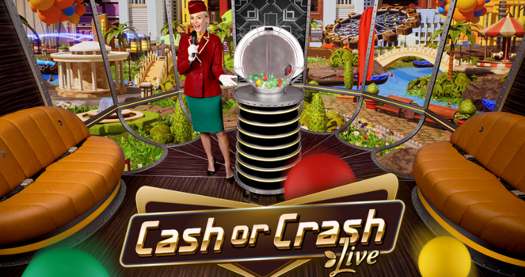 로고와 진행자가 등장하는 스릴 넘치는 라이브 카지노 환경의 CGI 비행선 배경 Cash or Crash Live 게임 세트, Evolution - Flush