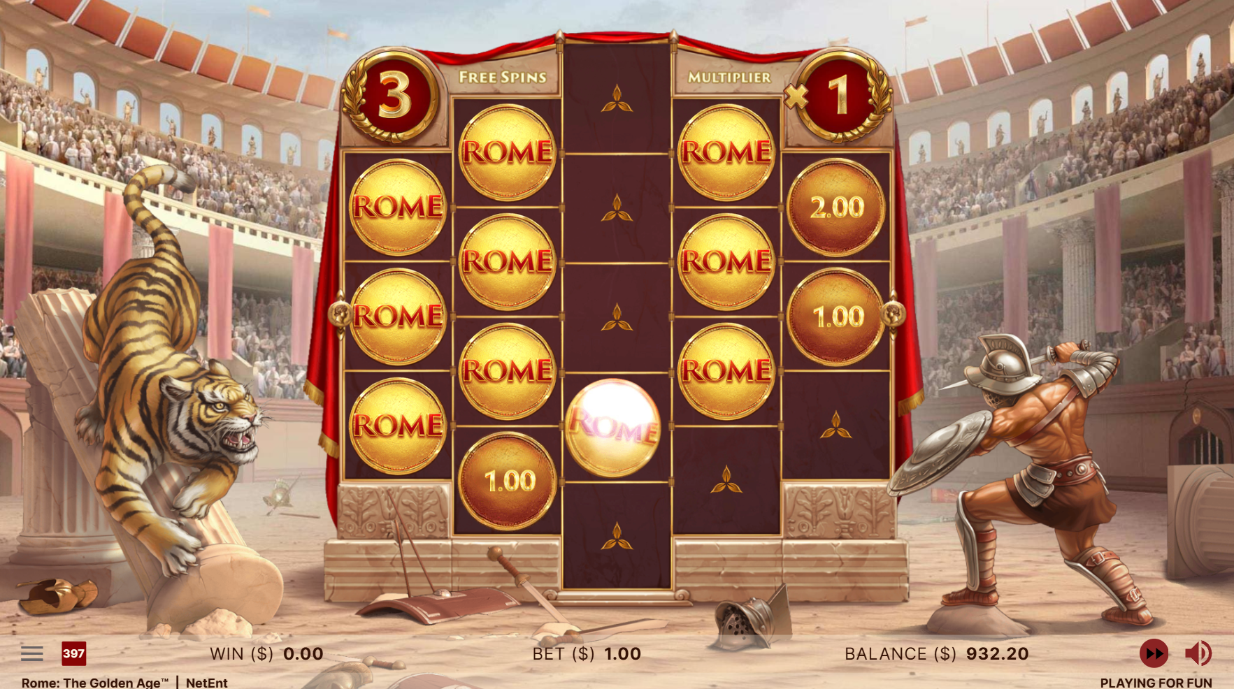 NetEntのRome: The Golden Ageスロットのフリースピンモード。金色のコインとマルチプライヤーが有効になっている。 - Flush