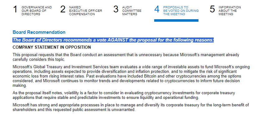 Screenshot of Microsoft's SEC filing, highlighting the vote recommendation to vote against the Bitcoin Investment Proposal