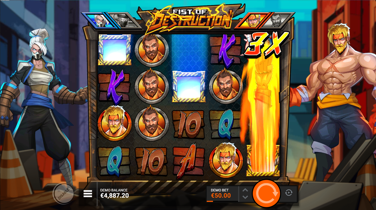 Hacksaw GamingのFists of Destructionで、リール上でFist Expanding Wild機能が作動している様子 - Flush