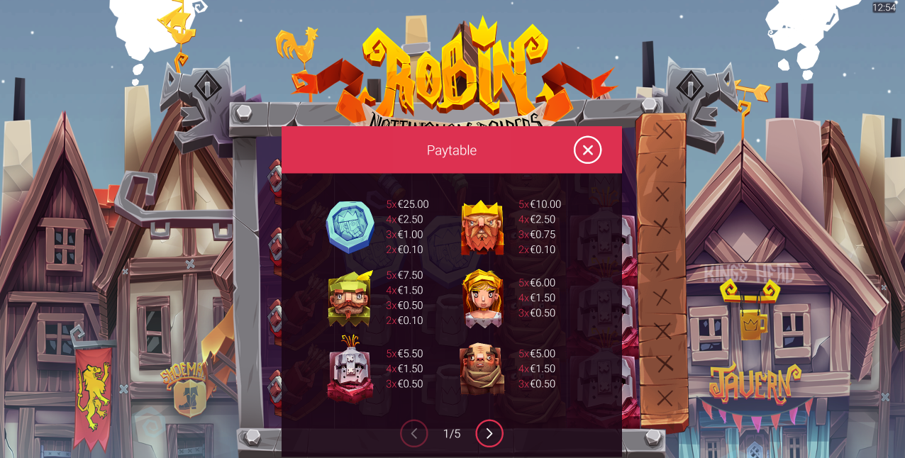 Yggdrasilの Robin Nottingham Raiders スロット、高配当シンボルと配当額を重ねて表示した基本リール - Flush