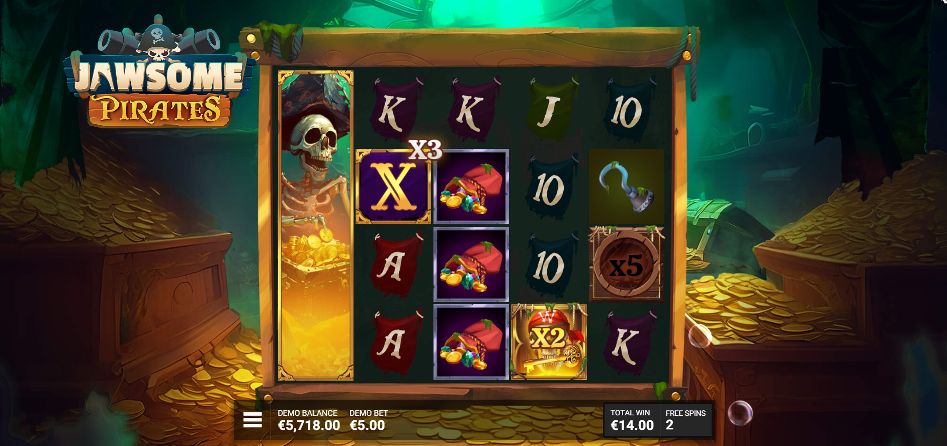 Hacksaw GamingのJawsome Piratesスロットのフリースピンボーナスモード、海中の黄金の財宝の背景 - Flush