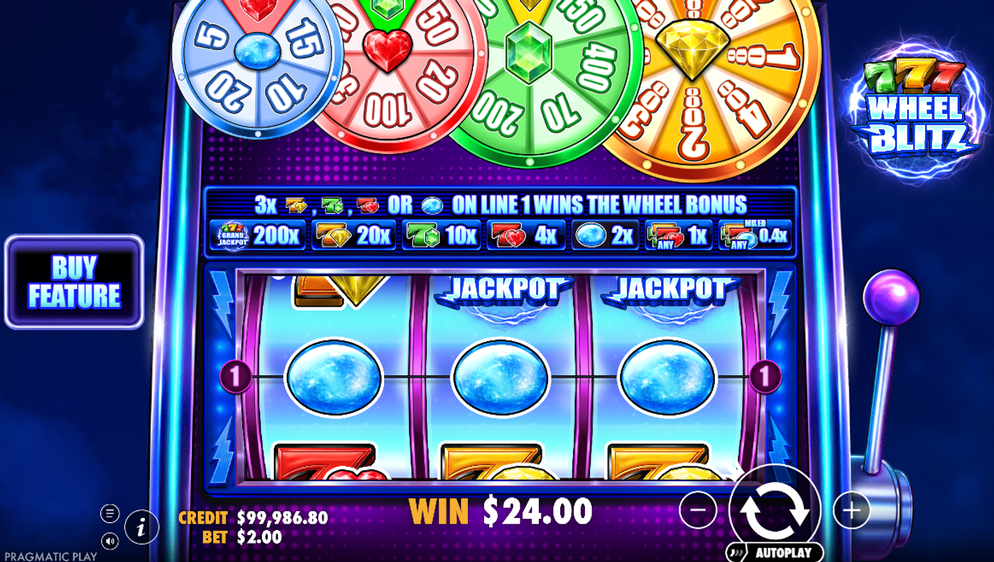 777 Wheel Blitz reels showing three Opal symbols aligned on the centre payline with JACKPOT banners, the moment a Prize Wheel triggers