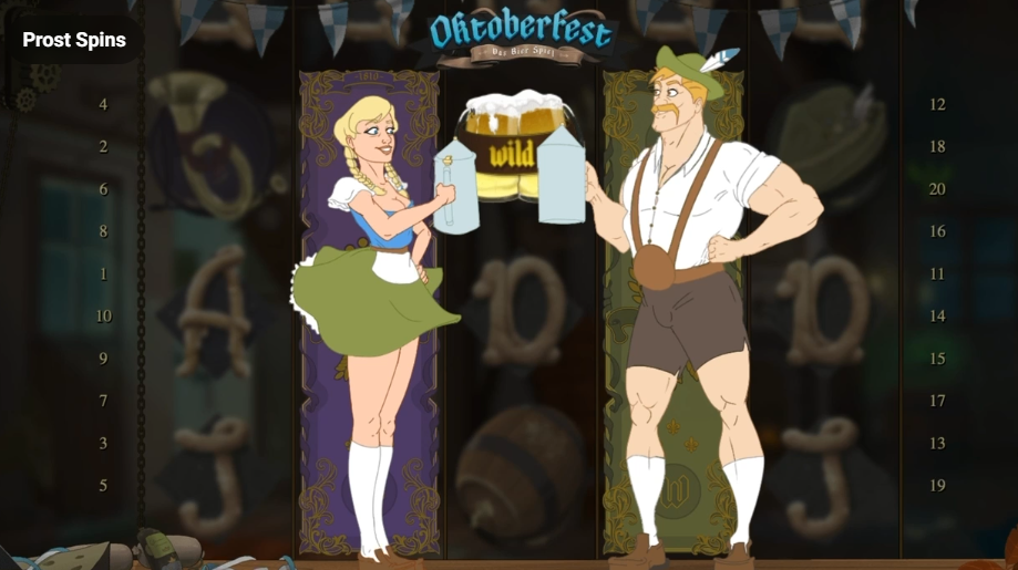 Nolimit CityのOktoberfestスロットで、リール上に揃いビールグラスで乾杯するGretchen & Hansiワイルド - Flush