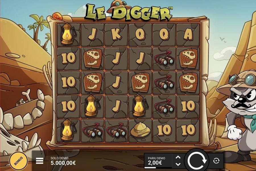 Flushでプレイ中のLe Diggerベースゲーム。リール上にシンボルが積み重なった6x5のクラスターペイ型グリッド