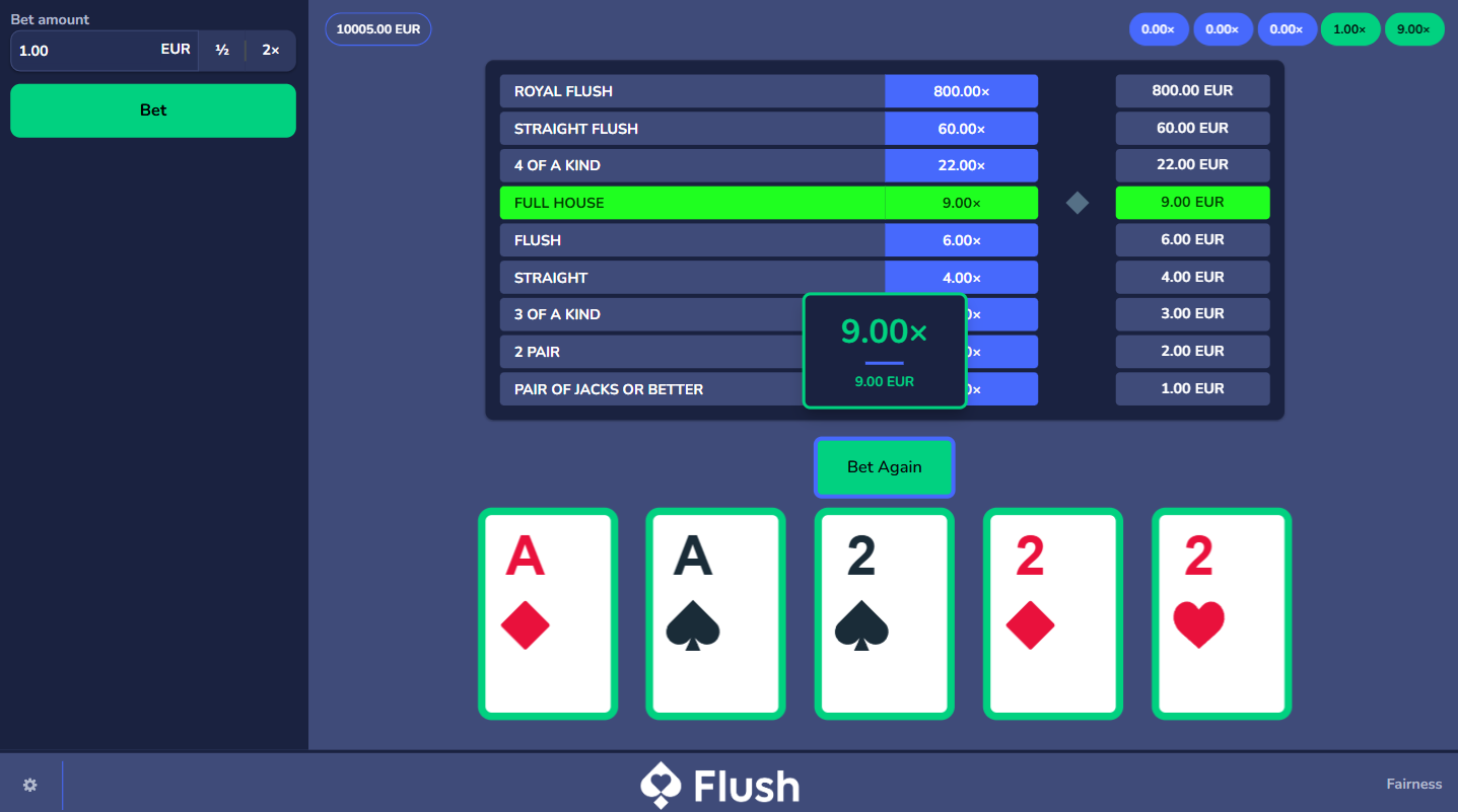 Flush OriginalsのVideo Poker。フルハウスで勝った画面。