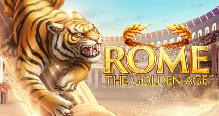 NetEnt の Rome: The Golden Age スロット、獰猛な虎とゲームロゴが描かれたコロッセオの内部 - Flush