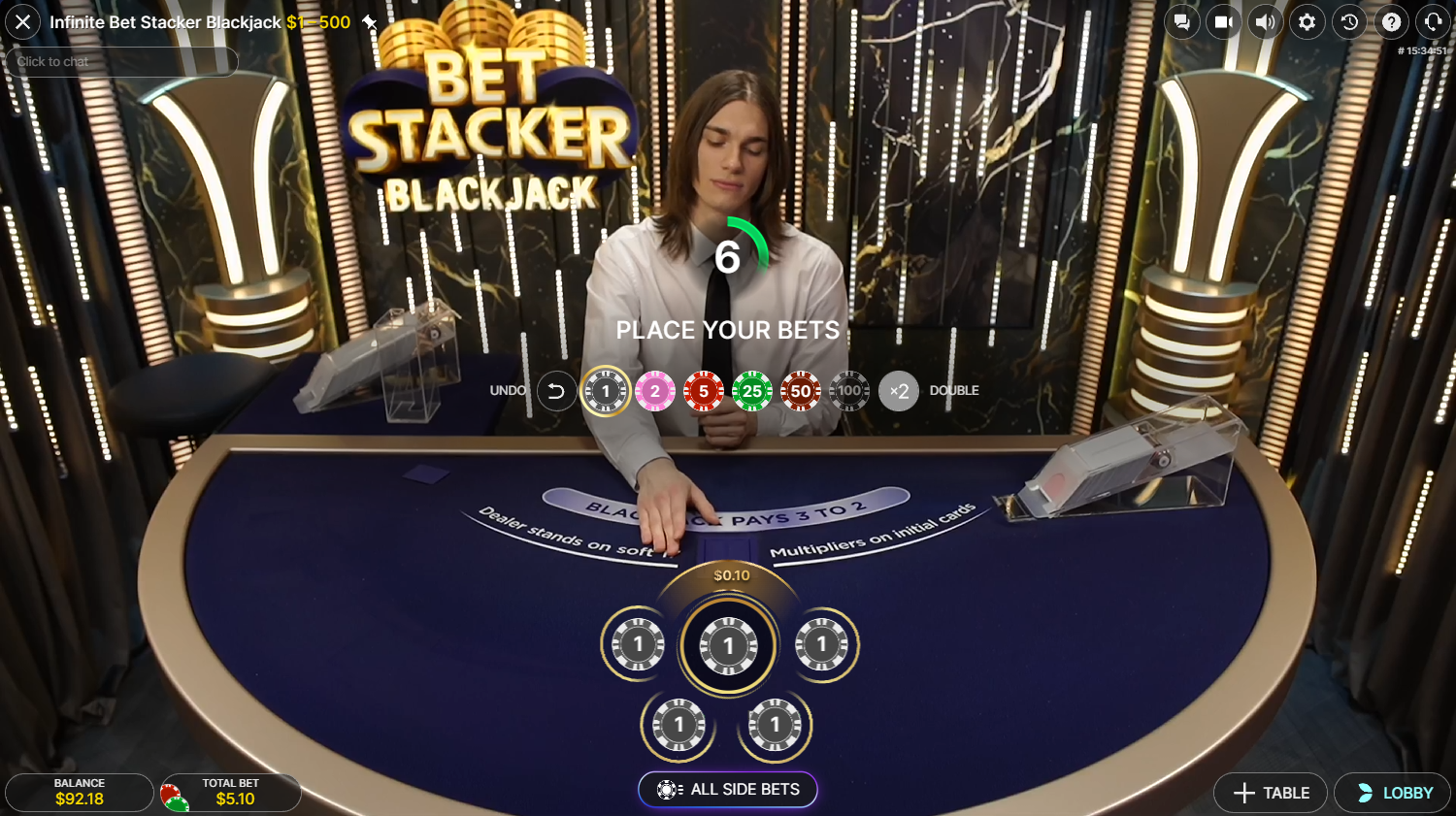 모든 사이드 베팅이 활성화된 Evolution의 Infinite Bet Stacker Blackjack 라이브 카지노 베팅 단계 - Flush.