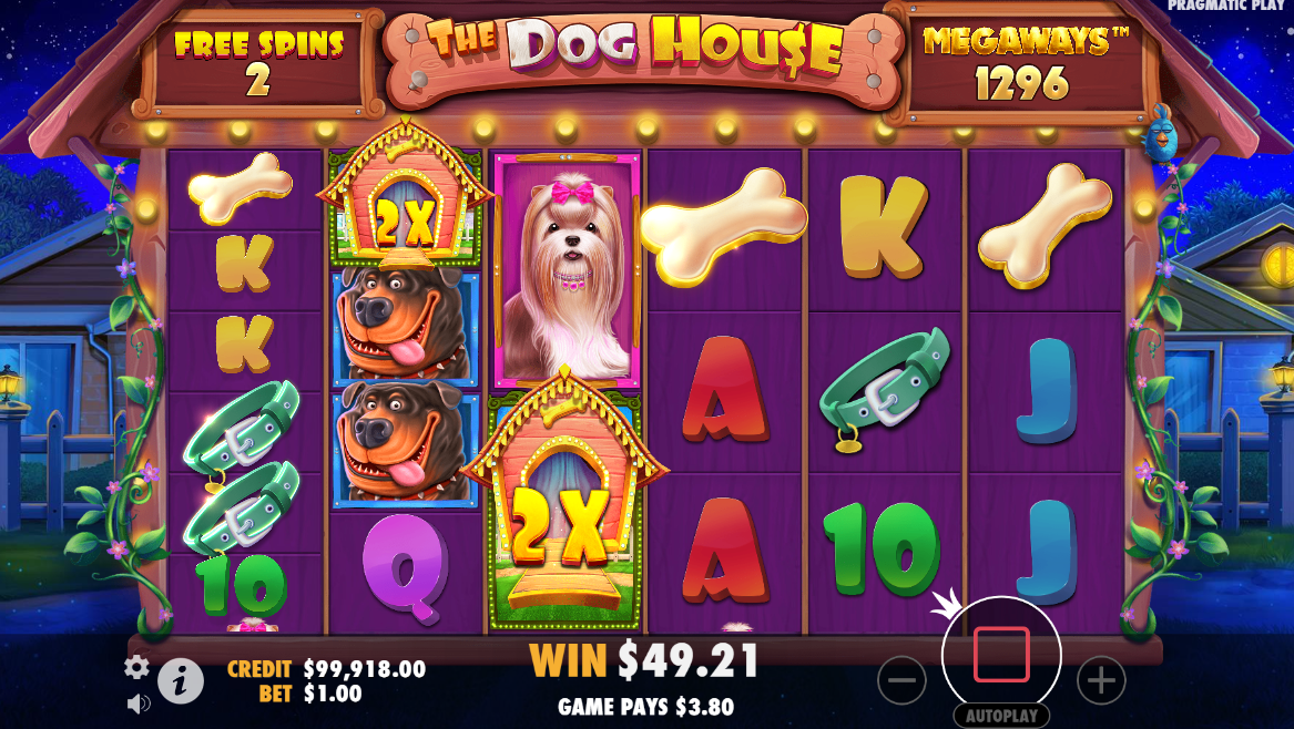 Pragmatic PlayのDog House Megawaysスロット、Sticky Wildsフリースピンのプレイ画面 - Flush