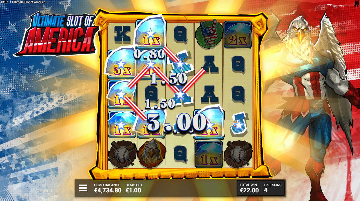 Ultimate Slot of America의 황금빛이 보이는 Red, White, Bling! 보너스 모드, Hacksaw Gaming, Flush