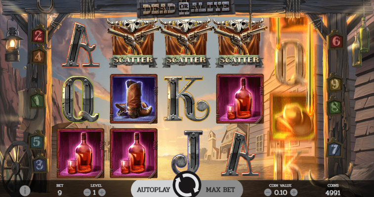 スキャッターシンボル3つがリールに表示され、フリースピンボーナスモードがトリガーされたNetEntのDead or Alive 2スロットのメインゲーム画面 - Flush