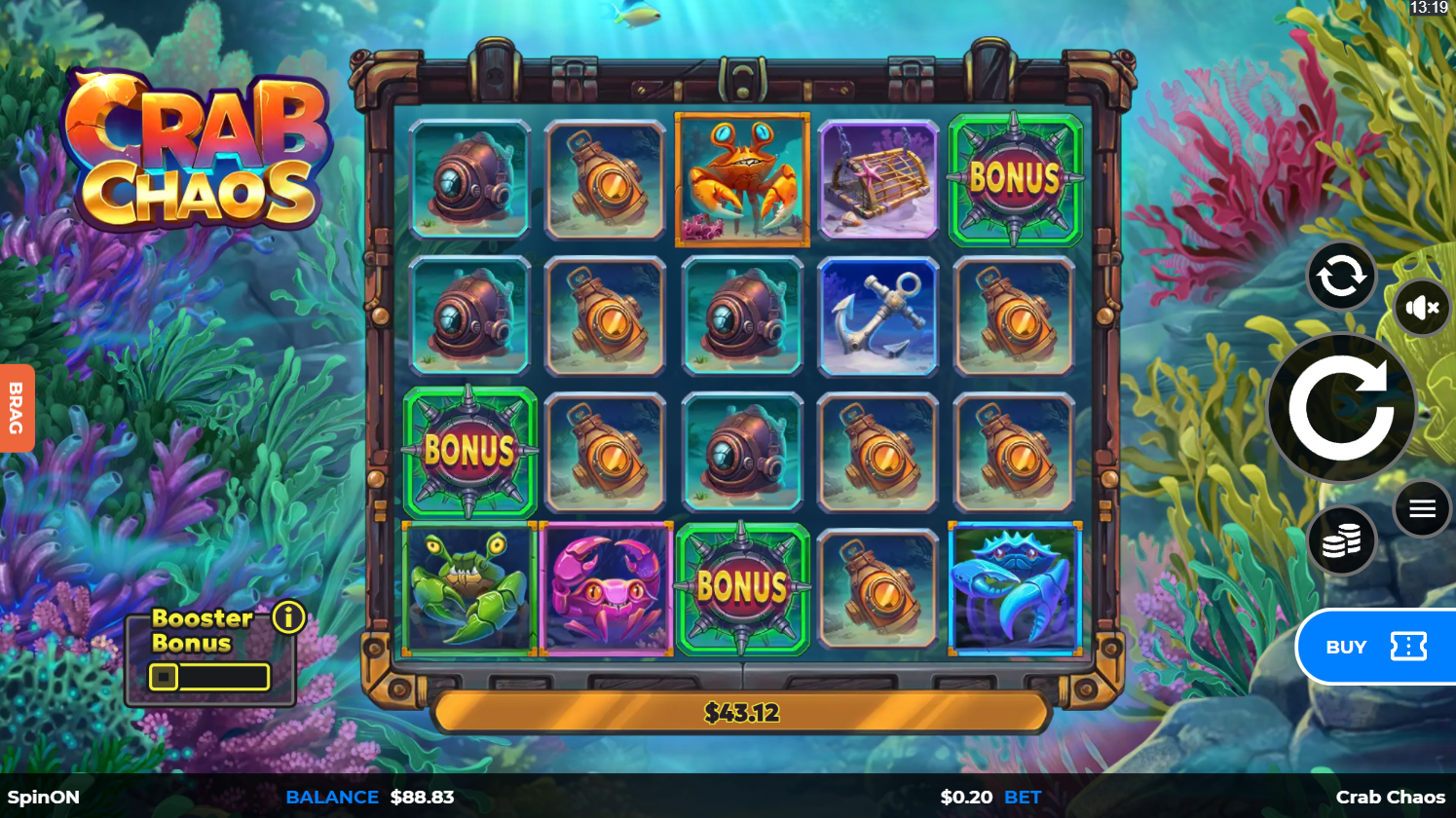 YggdrasilのCrab Chaosスロット - ボーナス、高配当・低配当シンボルが並ぶベースゲームのリール - Flush