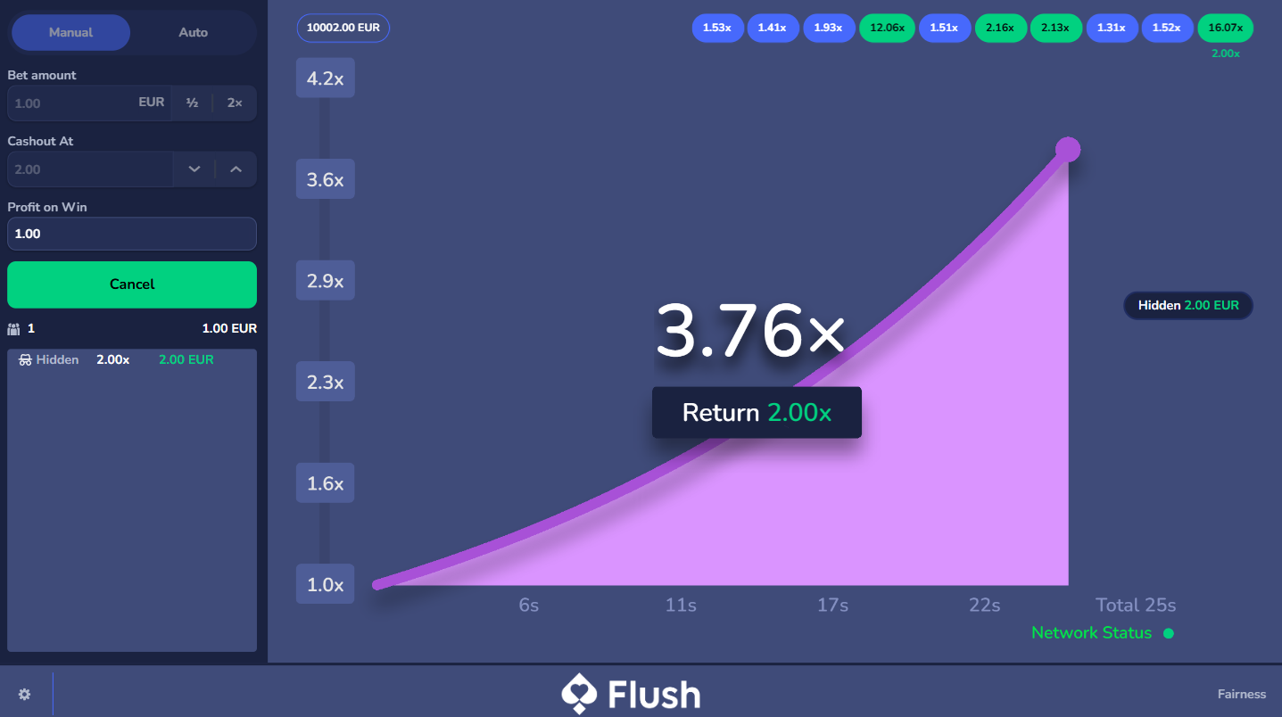 Flush OriginalsのCrash。2倍の勝ちラウンドがまだ上昇を続けている画面。