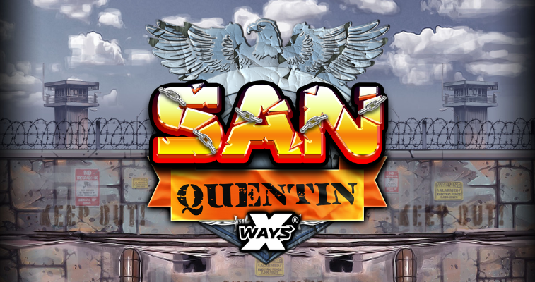 Nolimit City の San Quentin xWays スロット、刑務所のメイン背景とゲームロゴ - Flush