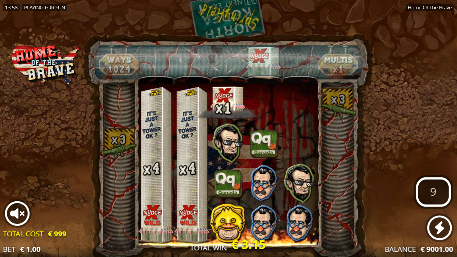 Nolimit CityのHome of the BraveスロットのDog Eating Spins。xNudge Towerとワイルドが入り乱れる画面 - Flush