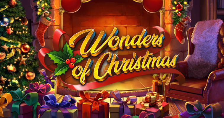 NetEnt の Wonders of Christmas スロット:暖炉の煙突、ツリー、プレゼント、ゲームロゴが並ぶお祭りムードの背景 - Flush