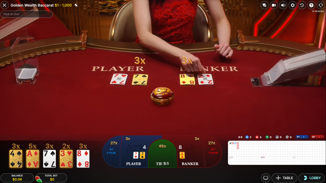 Golden Wealth Baccarat - Evolutionのライブカジノ - プレイヤーとバンカーの手でマルチプライヤー付きのGolden Cardが明らかになる様子 - Flush