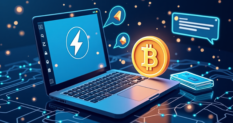 メッセージアプリ、Lightning Network、Bitcoinのホログラムを表示した未来的なデスクトップ。LNP2PBot、KYC不要のP2P Bitcoin - Flush