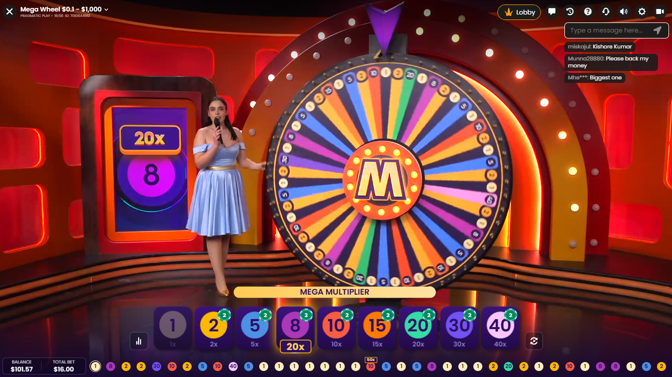 女性ホスト、Mega Multiplier、Mega Wheel、ベットウィンドウのオーバーレイが表示されたPragmatic PlayのMega Wheel Liveのセット - Flush