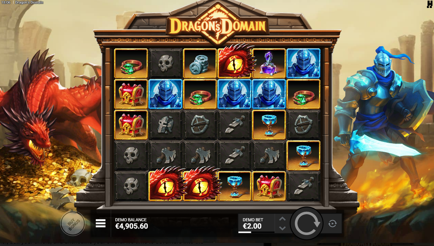 Hacksaw Gaming의 Dragon's Domain 슬롯 - Dragon's Lair 프리 스핀 보너스 - Flush