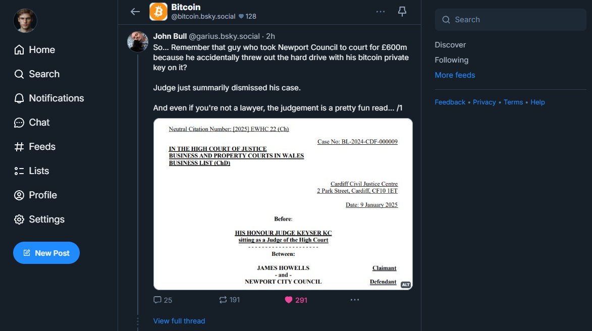 Bitcoin BlueSky feed displaying a post about a lost Bitcoin wallet hard drive in a landfill, showcasing decentralized social media - Flush