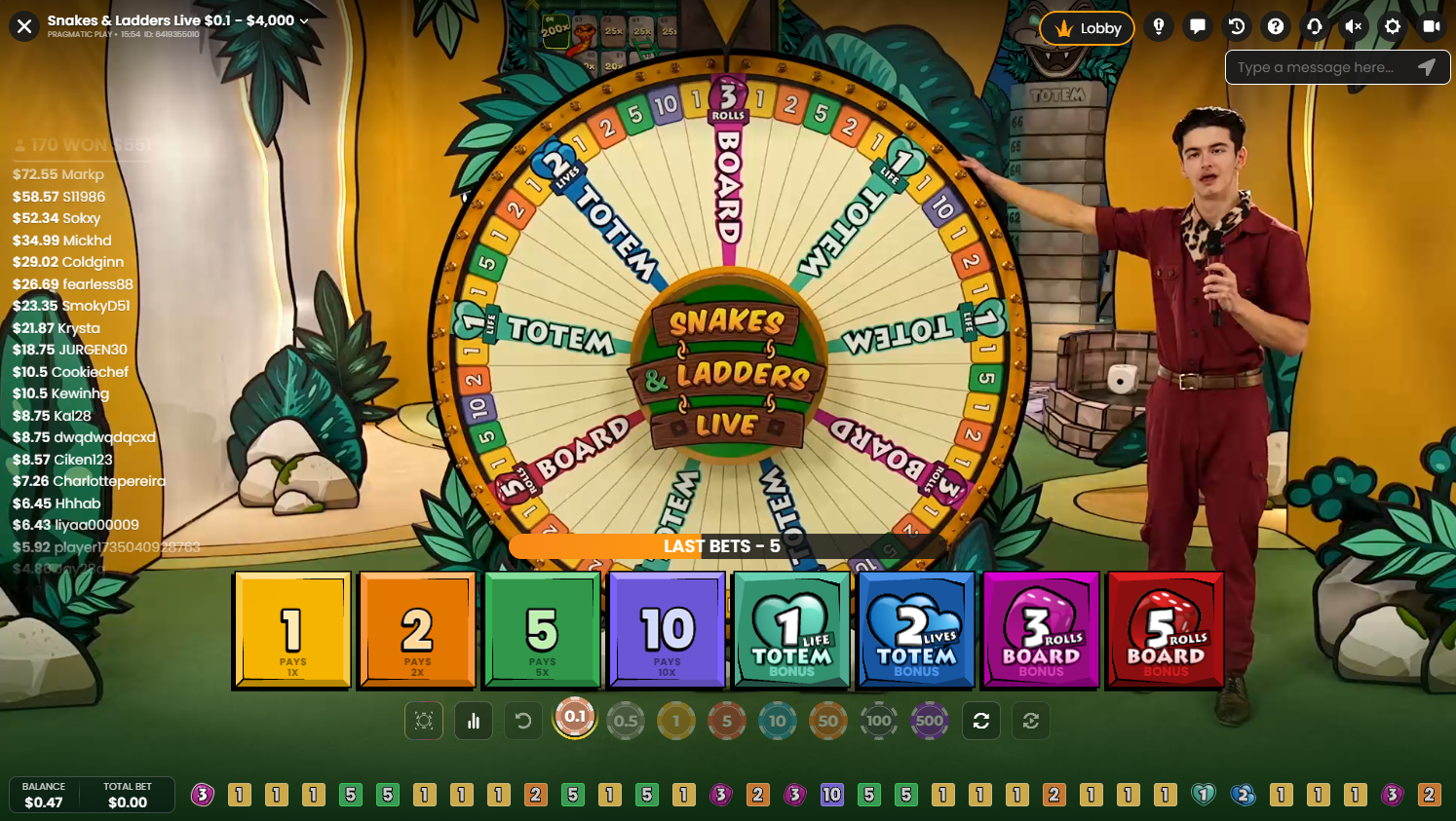 Pragmatic PlayのSnakes and Ladders Liveのメインセット。マネーホイール、ベットオプション、タイマーを表示 - Flushのライブカジノ