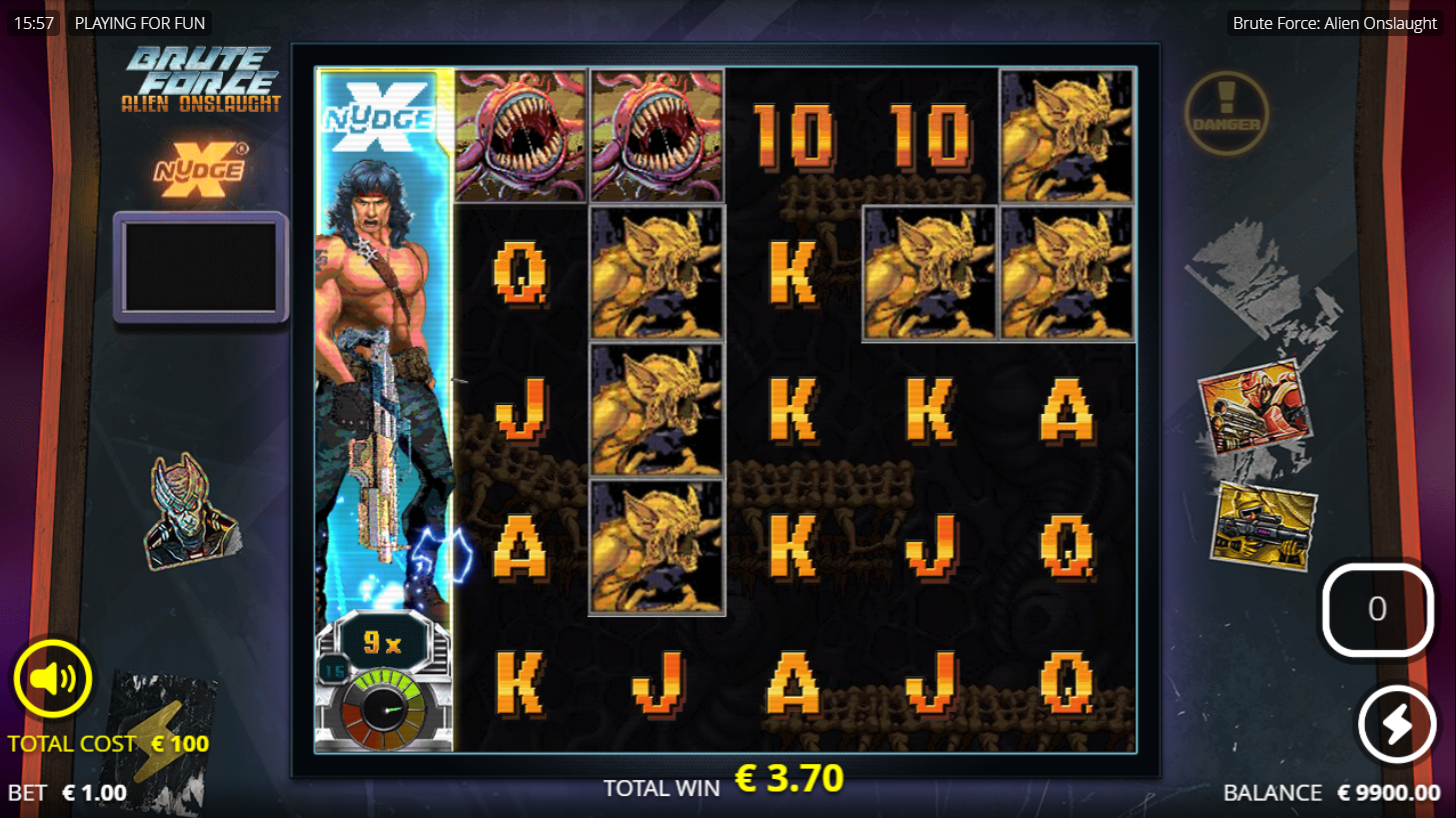Nolimit CityのBrute Force: Alien OnslaughtスロットのREDemption spins。リール上のxNudge Wild、Flush