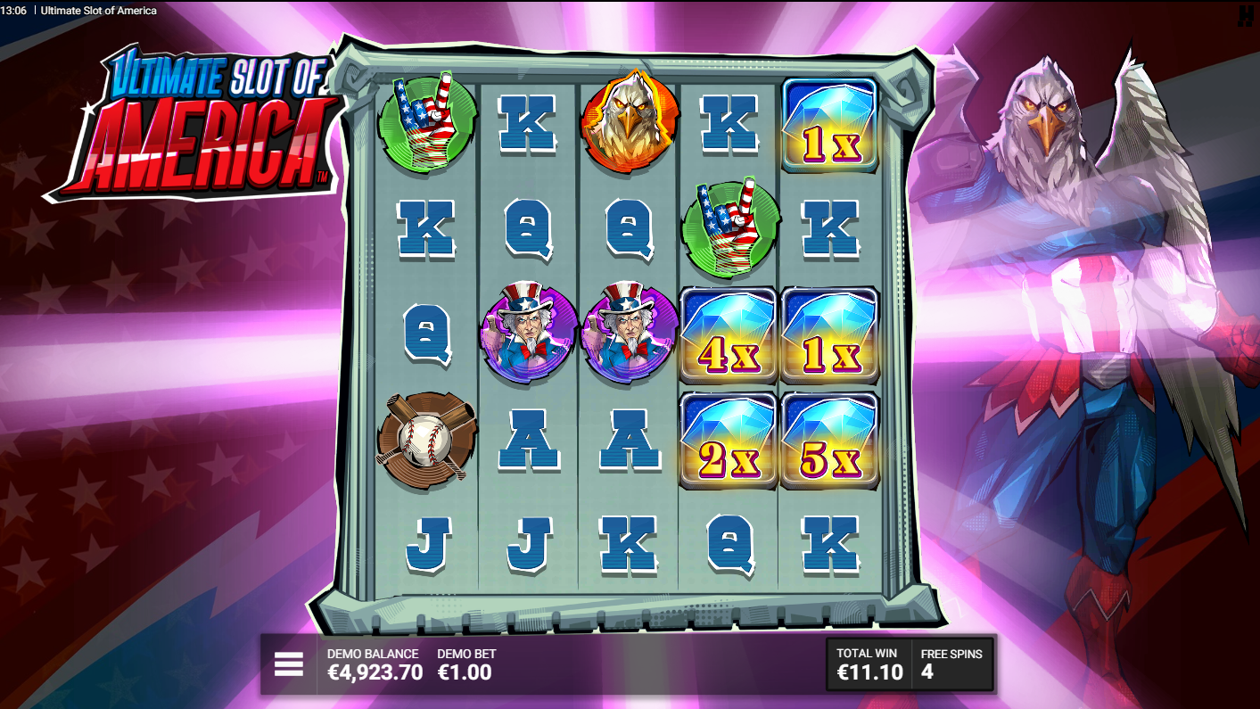 Ultimate Slot of America의 보라색 빔이 보이는 Spin-Dependence Day 프리 스핀 모드, Hacksaw Gaming, Flush