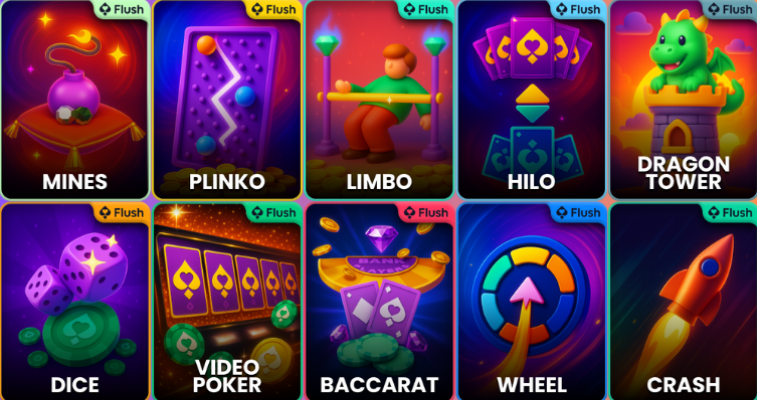 Mines、Plinko、Crashを含む暗号資産ギャンブルのサムネイルを集めたFlush Originalsのコラージュ - Flush Casino