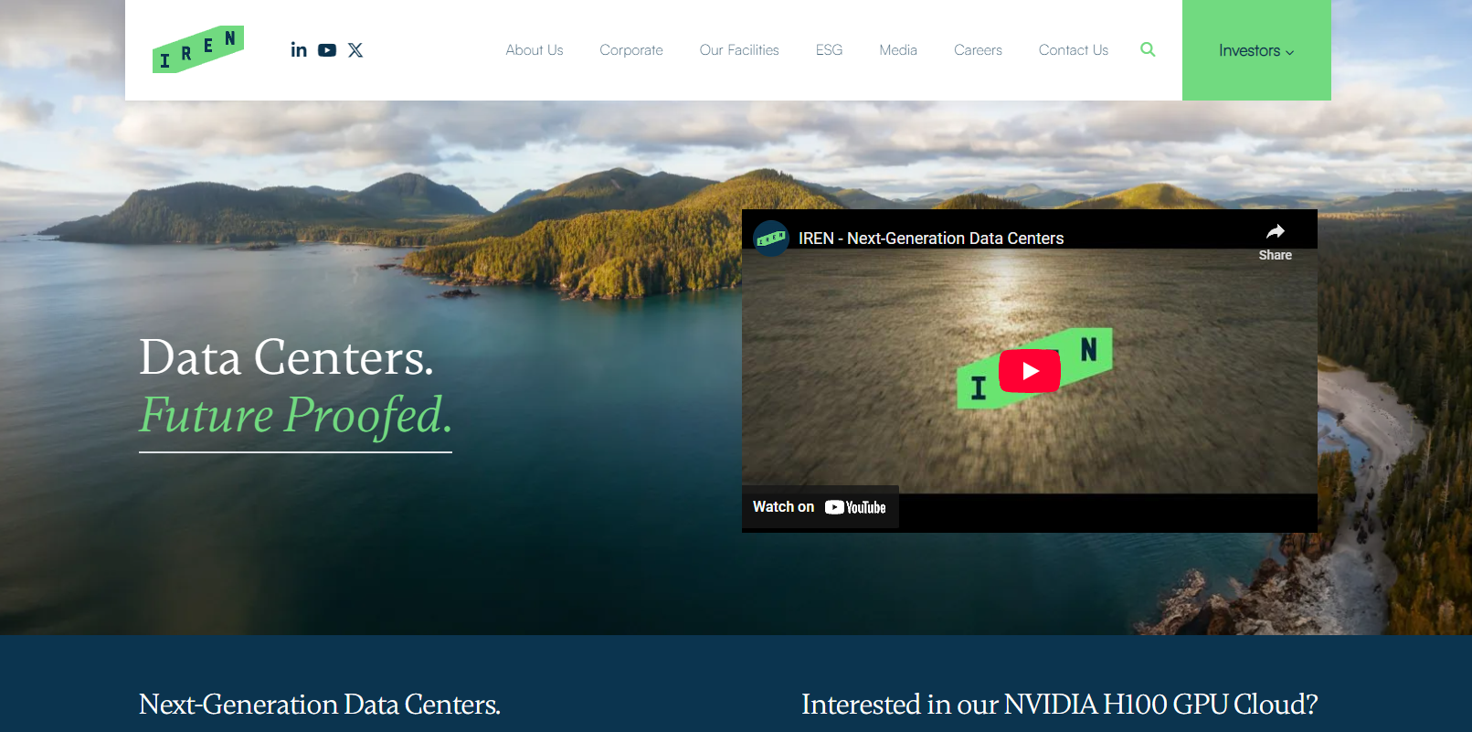 Iren's website displaying a scenic nature landscape with 'Data Centers - Future Proofed,' a Bitcoin miner - Flush