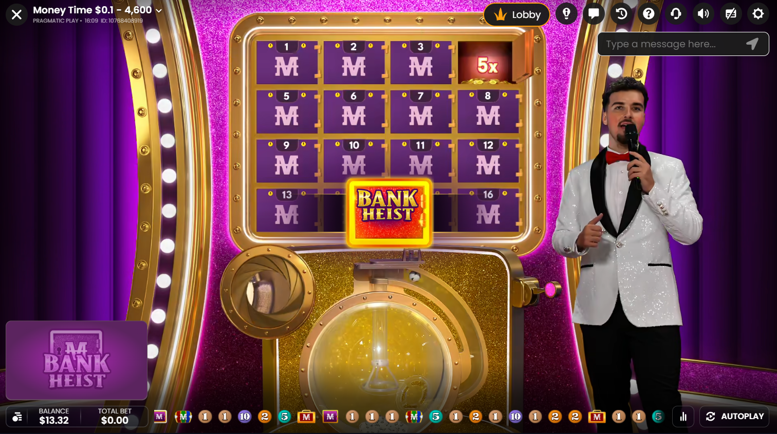 貸金庫を開けて賞金が明らかになるPragmatic Play LiveのMoney TimeのBank Heistボーナス、Flush