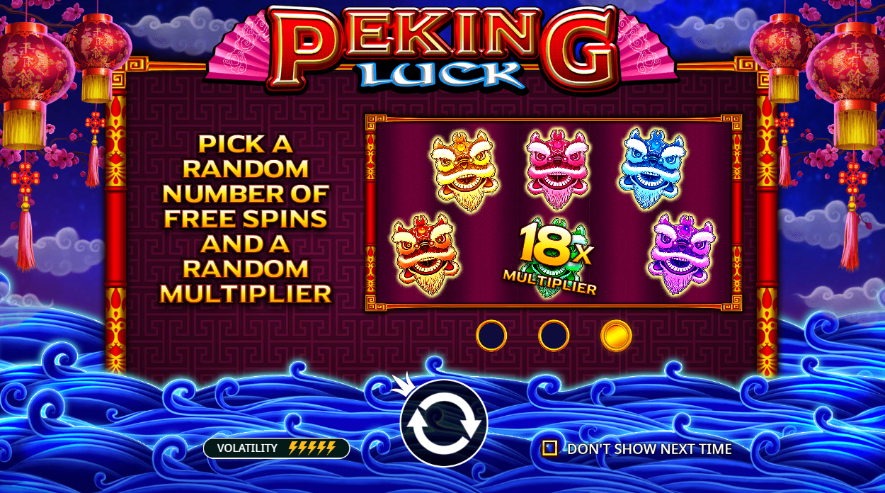 マルチプライヤーとフリースピン報酬を決める仮面の選択肢を表示したPeking Luckスロットのボーナス機能バナー - Pragmatic Play - Flush