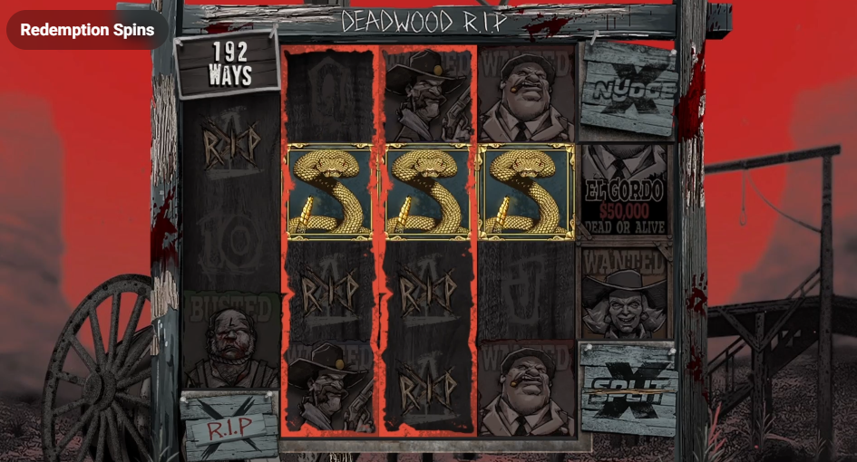 Nolimit CityのスロットDeadwood R.I.Pのサルベーションスピン機能。リール上に3つのスキャッターシンボルが出現 - Flush