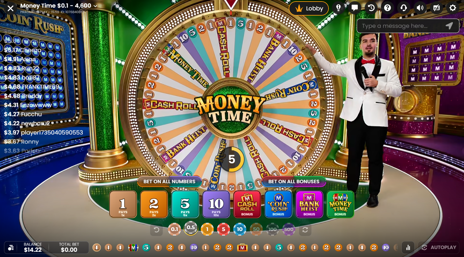 ライブプレイ中のマネーホイールとベットオプションが表示されたPragmatic Play LiveのMoney Time、Flush