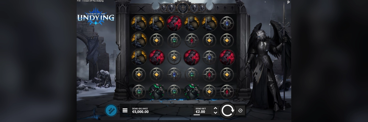 Crown of the Undying base game at Flush showing the 6x5 cluster-pays grid of gem and Undead character symbols, with the fallen knight character standing beside the reels 