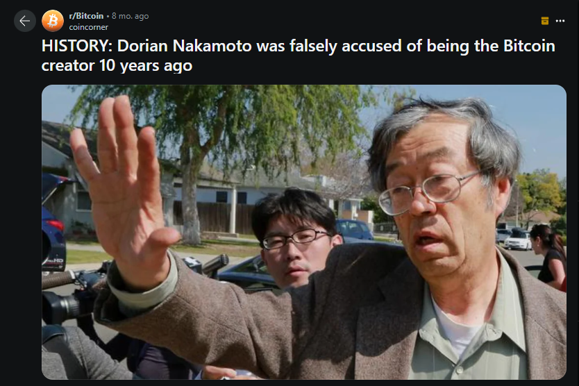 Dorian Nakamoto image from Reddit post 'History'; falsely accused as Bitcoin creator 10 years ago - Flush