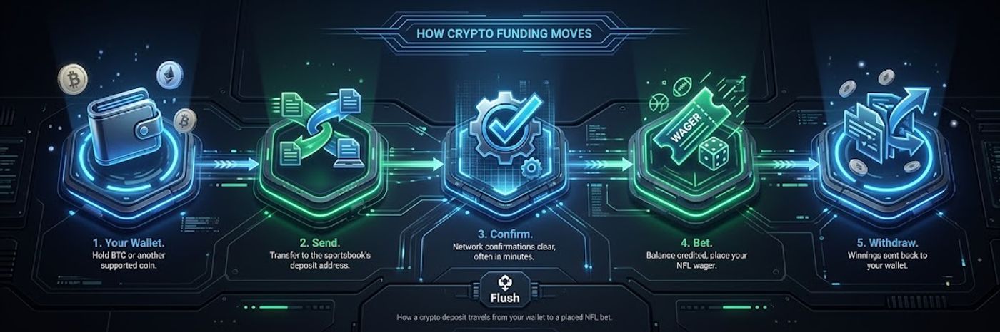 How a crypto deposit travels from your wallet to a placed NFL bet.