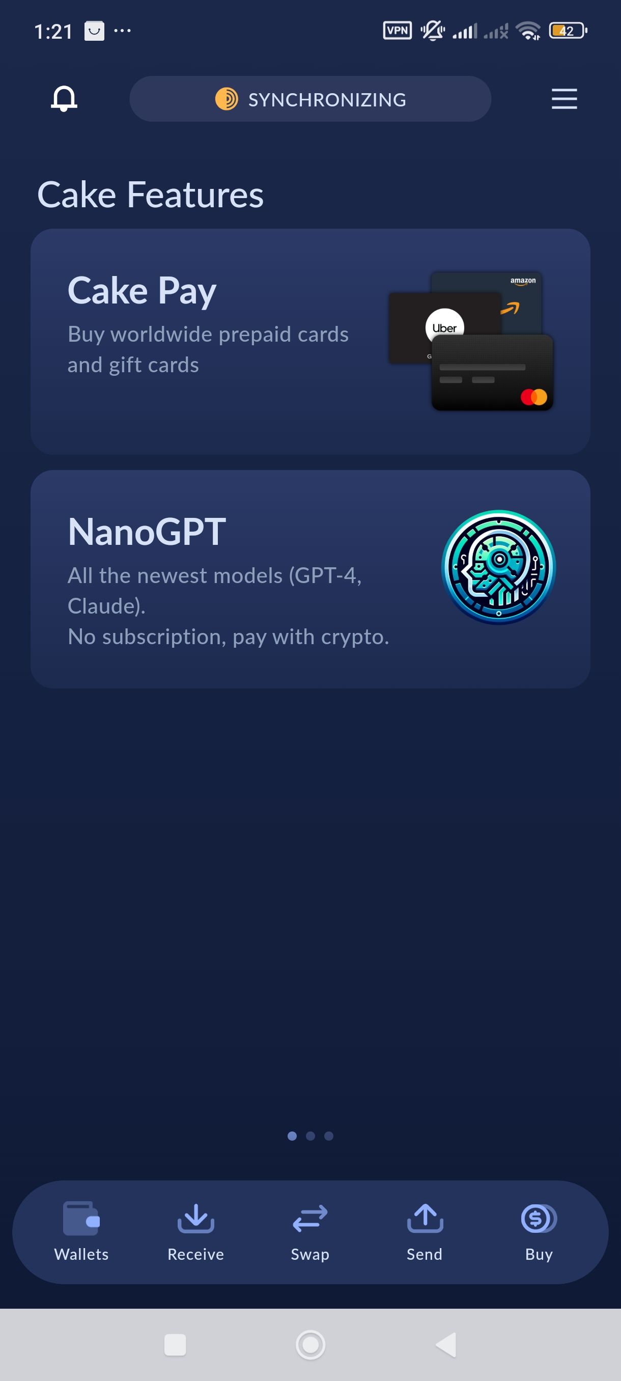 Cake Wallet features menu showcasing Cake Pay gift cards and Nano GPT for AI models access, paid in crypto - Flush