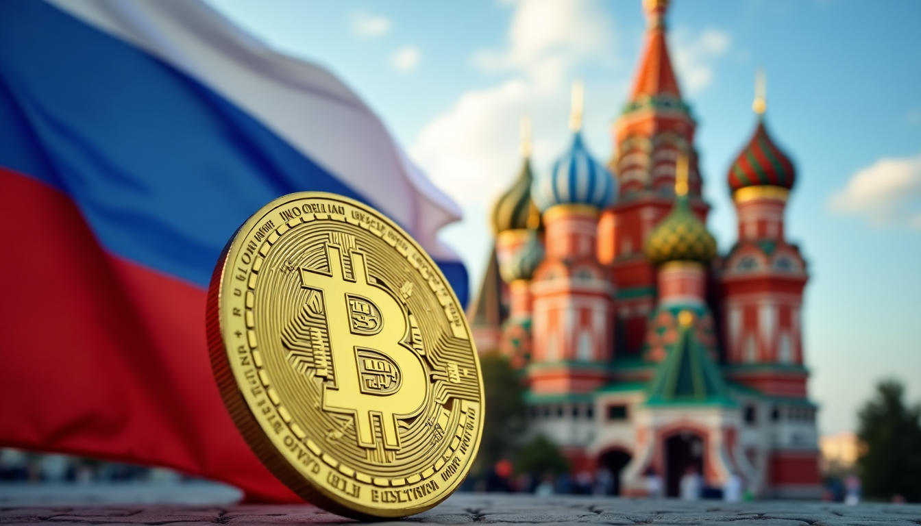 Red Square and Russian flag with a large Bitcoin golden coin symbolizing Bitcoin Strategic Reserve - Flush