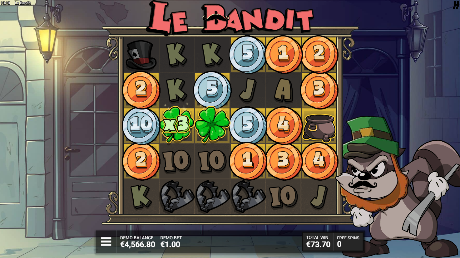 Hacksaw Gaming의 Le Bandit 온라인 슬롯, 큰 당첨을 위한 클로버, 팟 오브 골드, 코인이 등장하는 프리 스핀 모드 - Flush