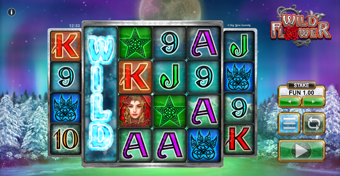 Big Time GamingのWild Flowerスロットのリール、低配当・高配当シンボルとリール2のIce Wild - Flush