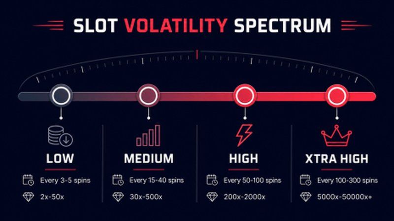 Slot volatility spectrum infographic showing low, medium, high, and Xtra High volatility tiers with win frequency and payout ranges