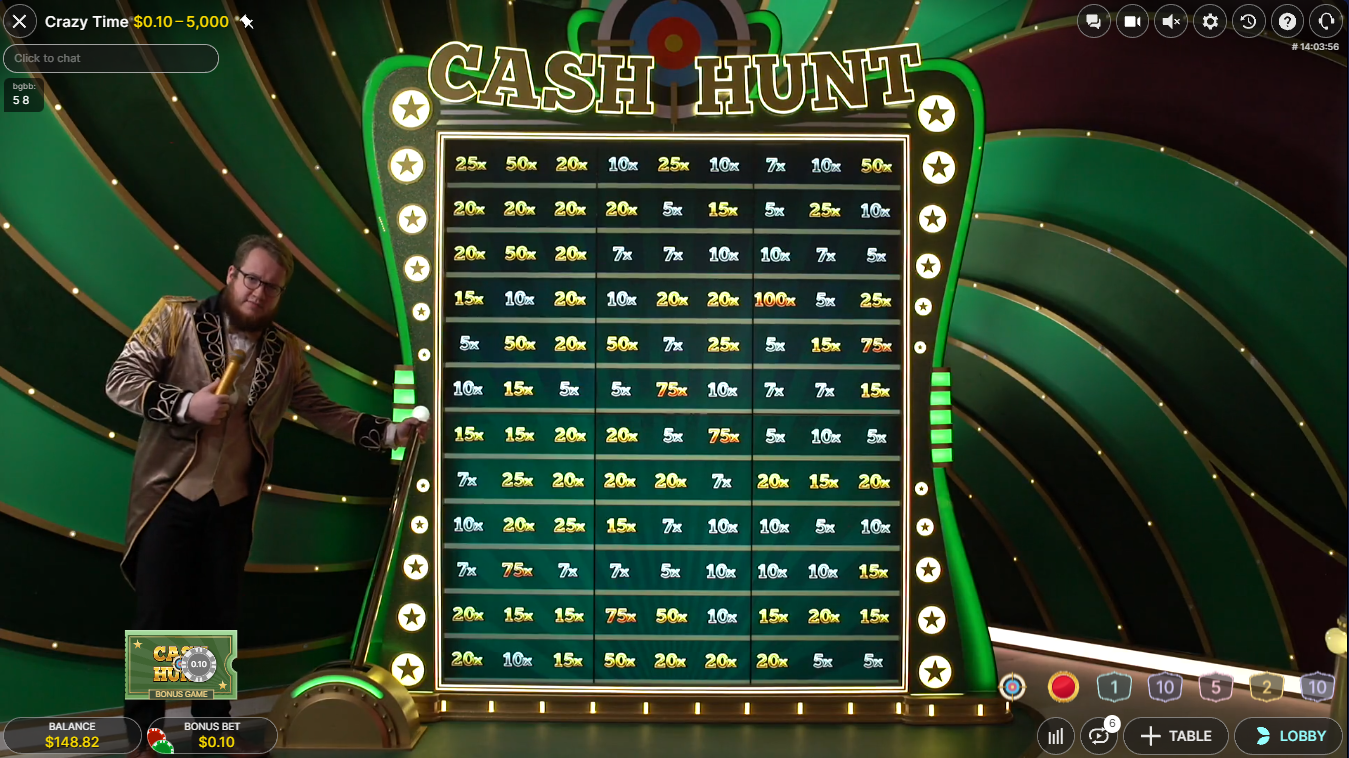 Crazy Time 라이브 카지노 게임 - Cash Hunt 보너스 기능 - Evolution Gaming - Flush