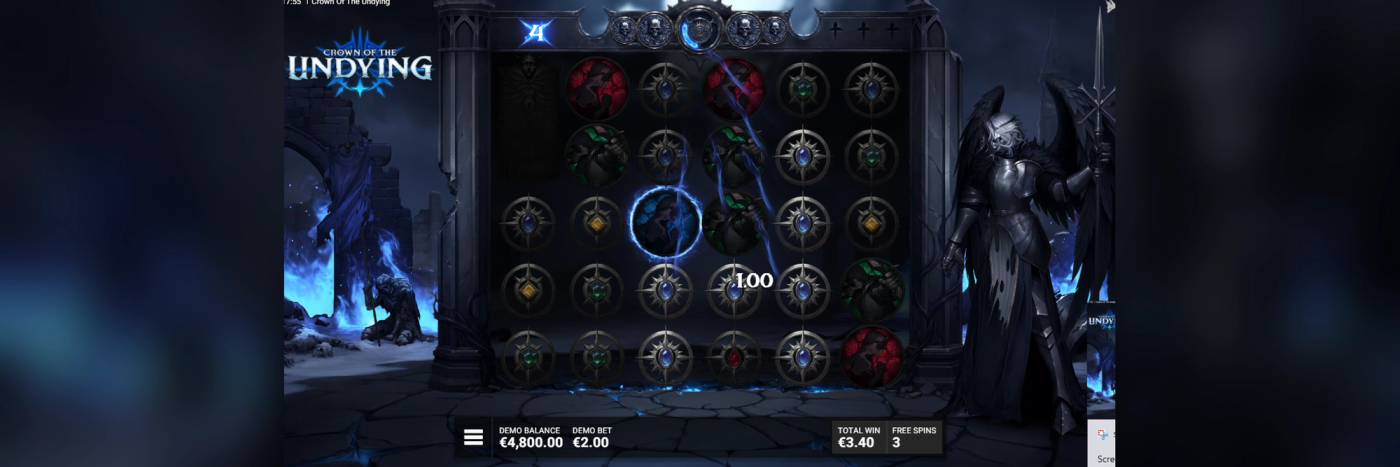 Crown of the Undying mid-feature, captured from the demo, showing The Mark glowing on the grid during a Free Spins round with the Total Multiplier counter reading 4 and the round's Total Win at 3.40