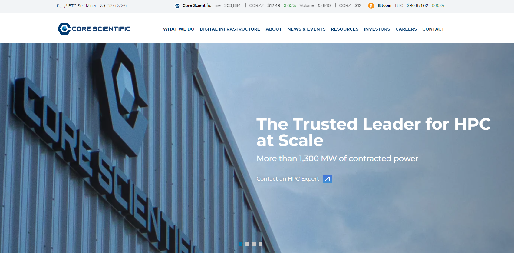 Core Scientific's website featuring its logo and the words 'The Trusted Leader for HPC at Scale,' a top Bitcoin miner - Flush