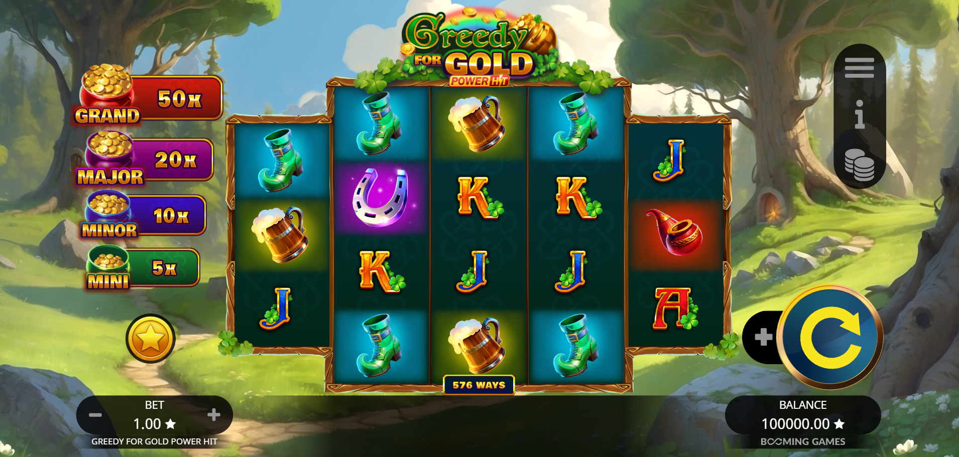 Booming Games의 Greedy for Gold Power Hit 온라인 슬롯 기본 게임 화면, 릴 위의 배당 심볼 - Flush Casino